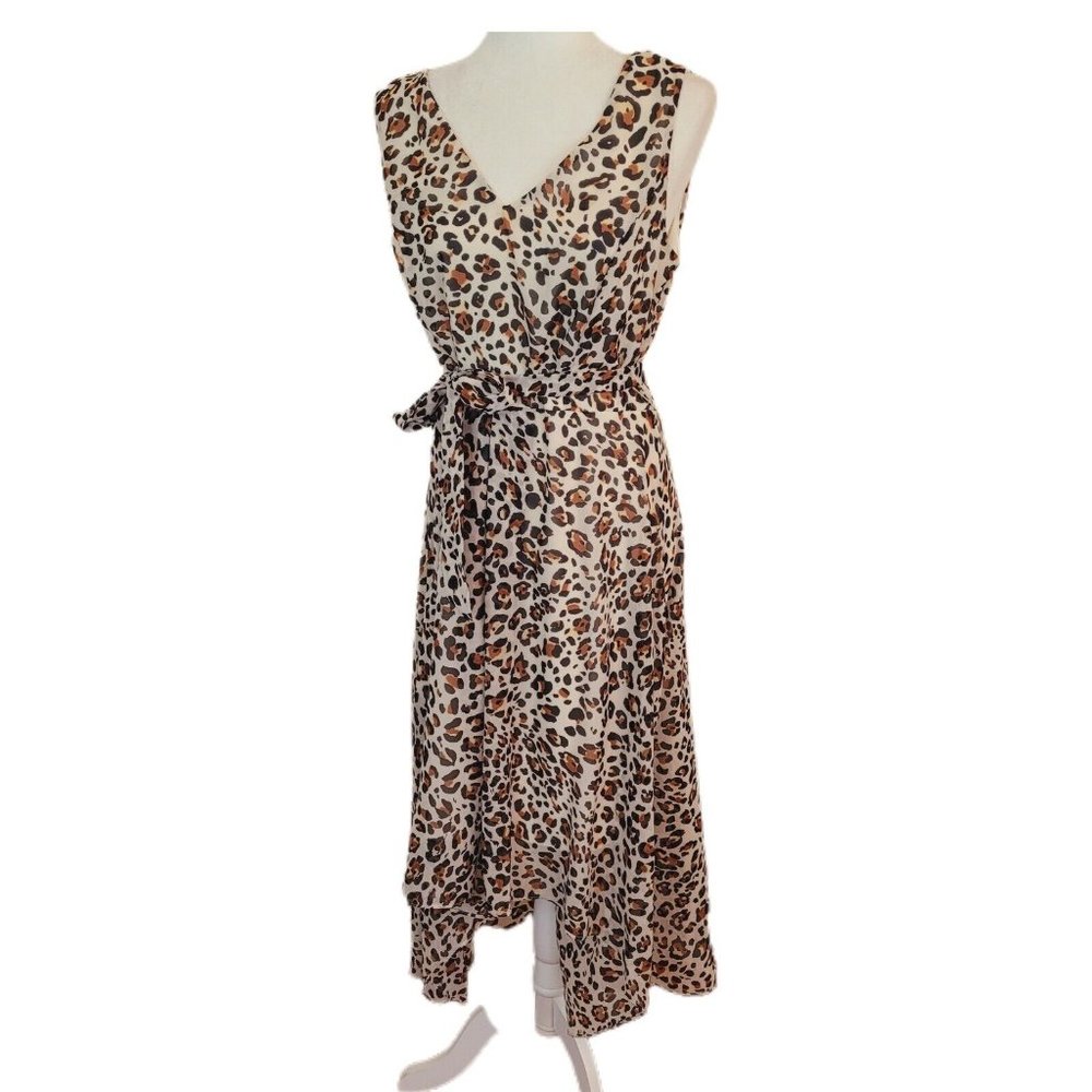 Emma & Michele Hi-Low Asymmetric Leopard Print Wrap Midi Dress Women Size 10